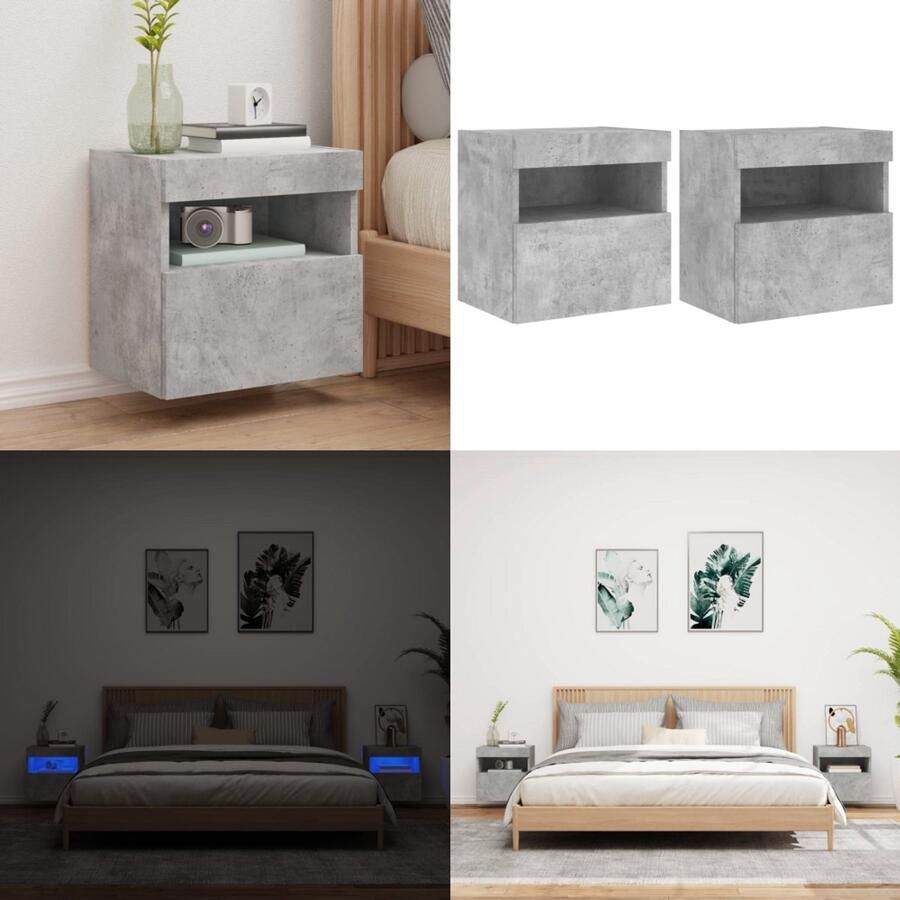 VidaXL Tv-wandmeubels met LED 2 st 40x30x40 cm betongrijs Tv-wandmeubel Tv-wandmeubelen Zwevend Tv-meubel Tv-wandmeubel