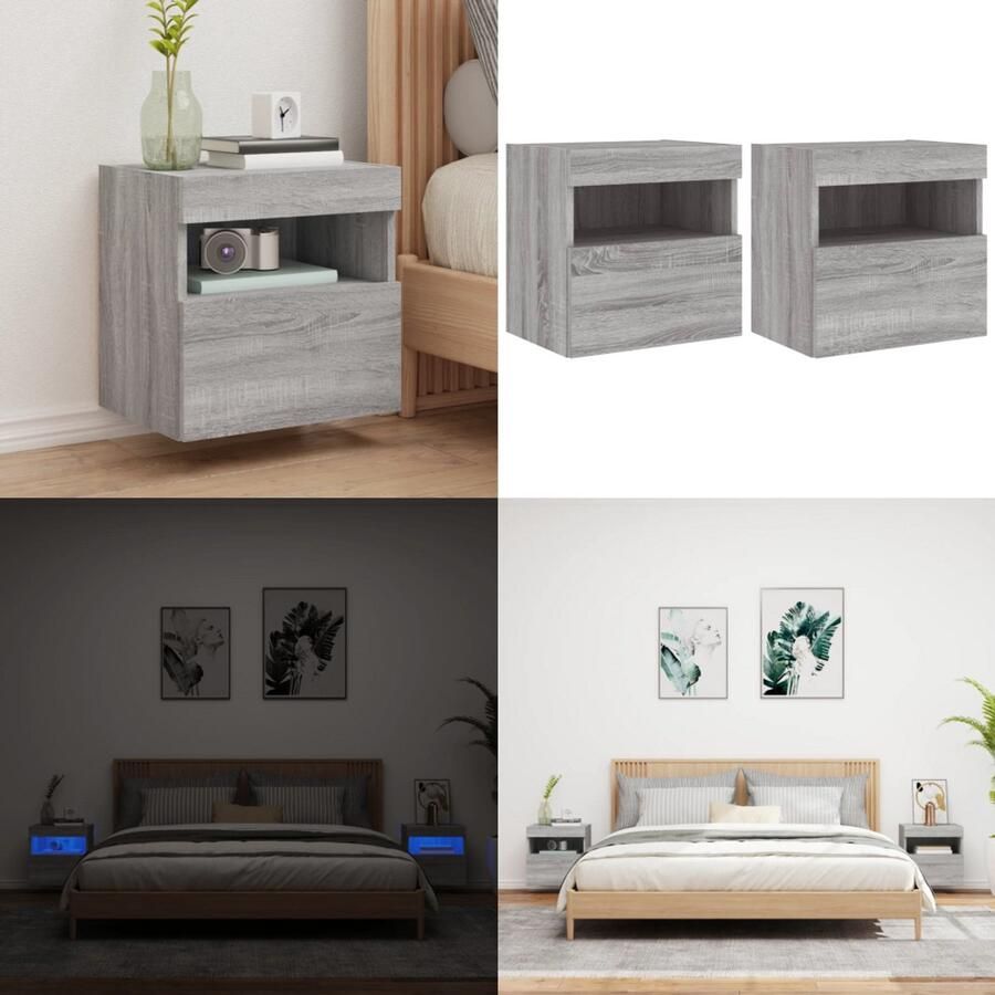 VidaXL Tv-wandmeubels met LED 2 st 40x30x40 cm grijs sonoma eiken Tv-wandmeubel Tv-wandmeubelen Zwevend Tv-meubel Tv-wandmeubel