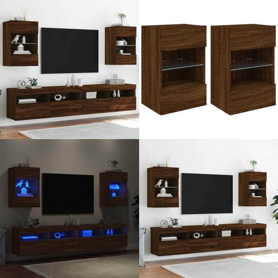 VidaXL Zwevende Tv Kast Tv Wandmeubel Wandkasten met LED-verlichting voor tv 2 st 40x30x60 5 cm bruin eikenkleur Led Tv Stand Houten Tv Kast Bruine Eiken Tv Kast