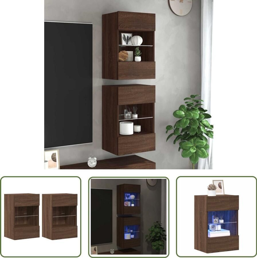 VidaXL Zwevende Tv Kast Tv Wandmeubel Wandkasten met LED-verlichting voor tv 2 st 40x30x60 5 cm bruin eikenkleur Led Tv Stand Houten Tv Kast Bruine Eiken Tv Kast - Foto 3