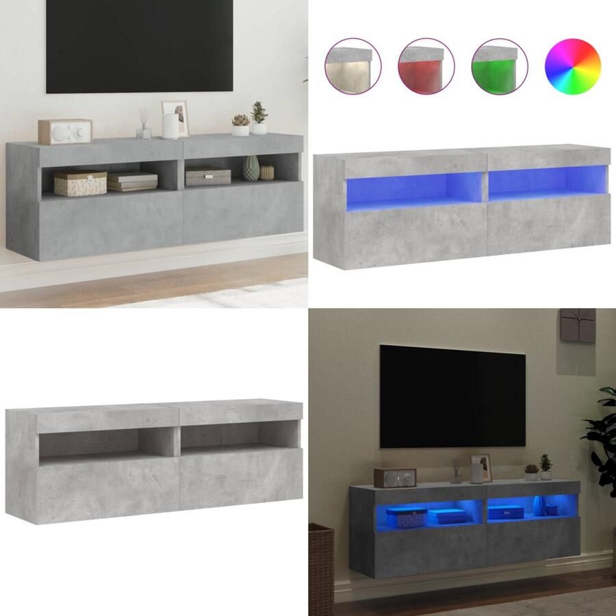VidaXL Tv-wandmeubels met LED 2 st 60x30x40 cm betongrijs Tv-wandmeubel Tv-wandmeubelen Zwevend Tv-meubel Tv-wandmeubel