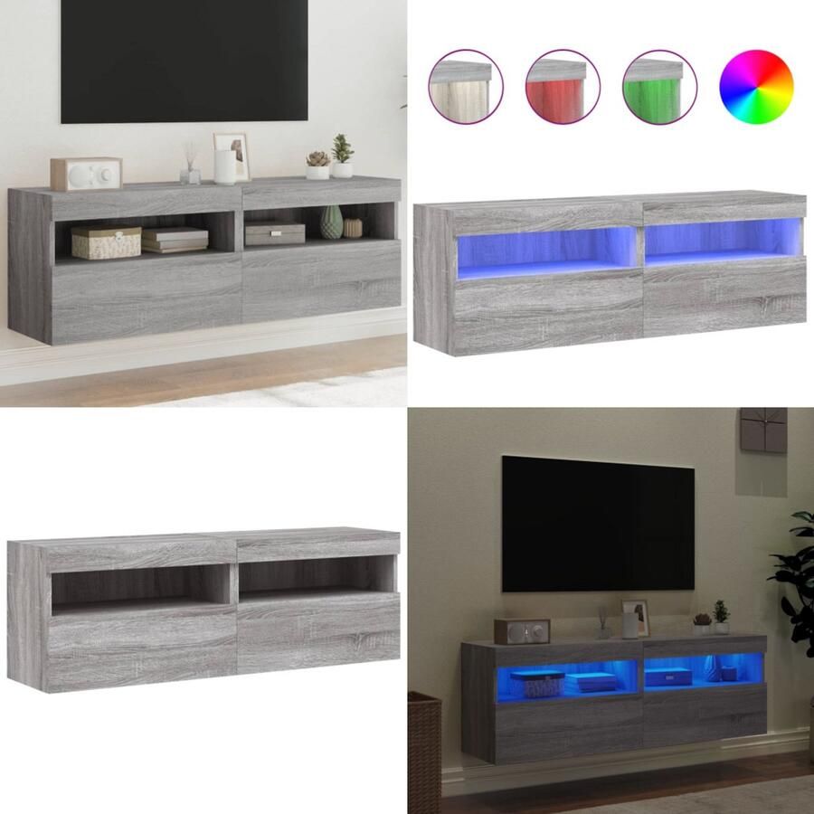 VidaXL Tv-wandmeubels met LED 2 st 60x30x40 cm grijs sonoma eiken Tv-wandmeubel Tv-wandmeubelen Zwevend Tv-meubel Tv-wandmeubel