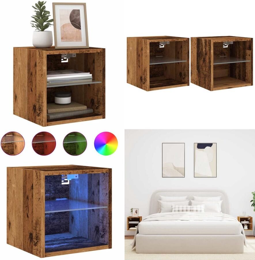 VidaXL Tv-wandmeubels met LED-verlichting 2 st 30x28 5x30 cm oud hout Tv-wandmeubel Tv-wandmeubelen Wandkast Tv-meubel