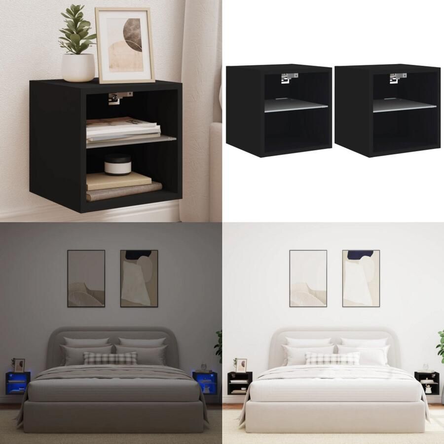 VidaXL Tv-wandmeubels met LED-verlichting 2 st 30x28 5x30 cm zwart Tv-wandmeubel Tv-wandmeubelen Wandkast Tv-meubel