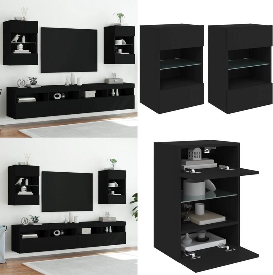 VidaXL Tv-wandmeubels met LED-verlichting 2 st 40x30x60 5 cm zwart Tv-wandmeubel Tv-wandmeubelen Wandkast Tv-meubel