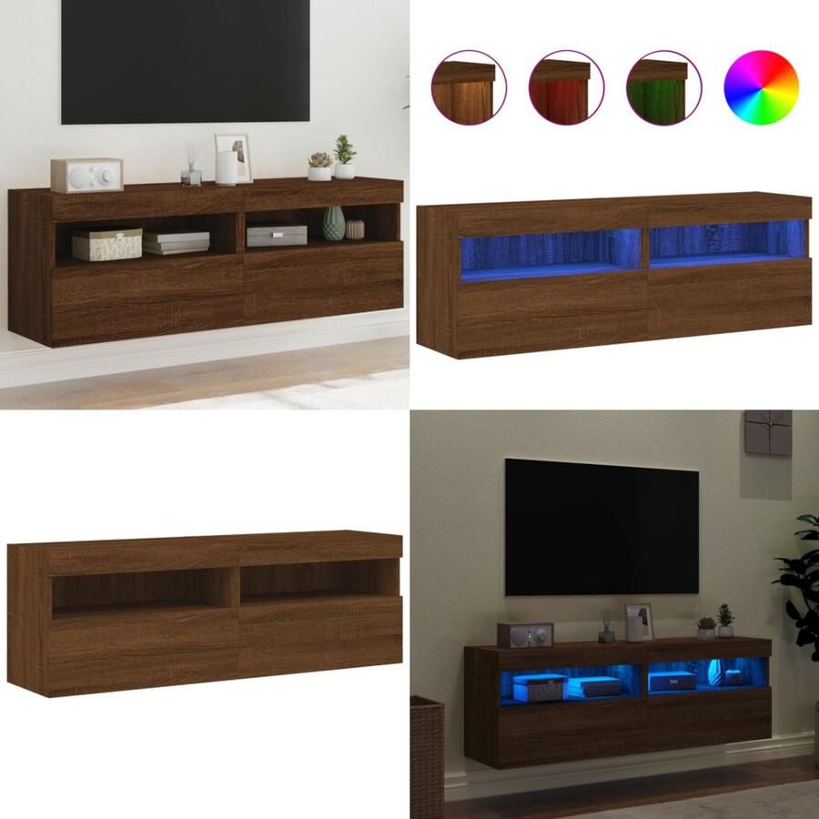 VidaXL Tv-wandmeubels met LED-verlichting 2 st 60x30x40 cm bruineiken Tv-wandmeubel Tv-wandmeubelen Zwevend Tv-meubel Tv-wandmeubel