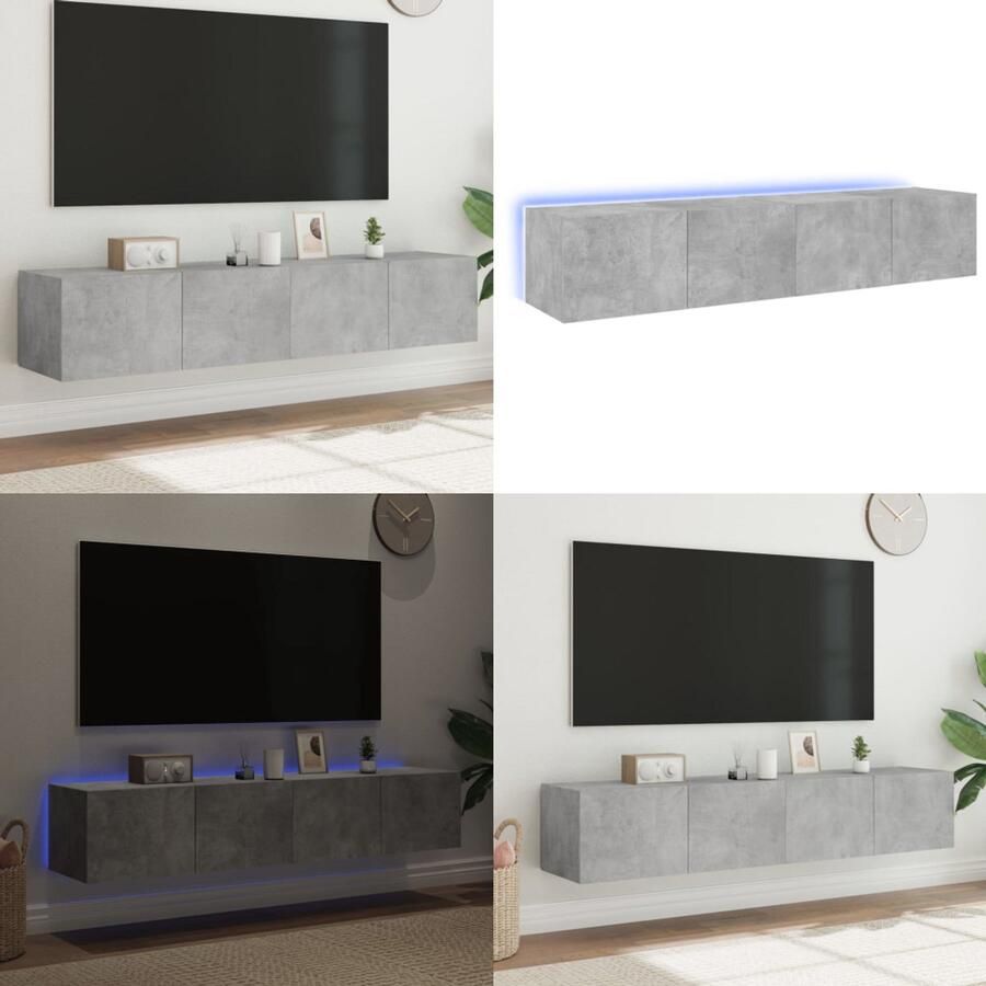 VidaXL Tv-wandmeubels met LED-verlichting 2 st 80x35x31 cm betongrijs Tv-wandmeubel Tv-wandmeubelen Zwevend Tv-meubel Tv-wandmeubel
