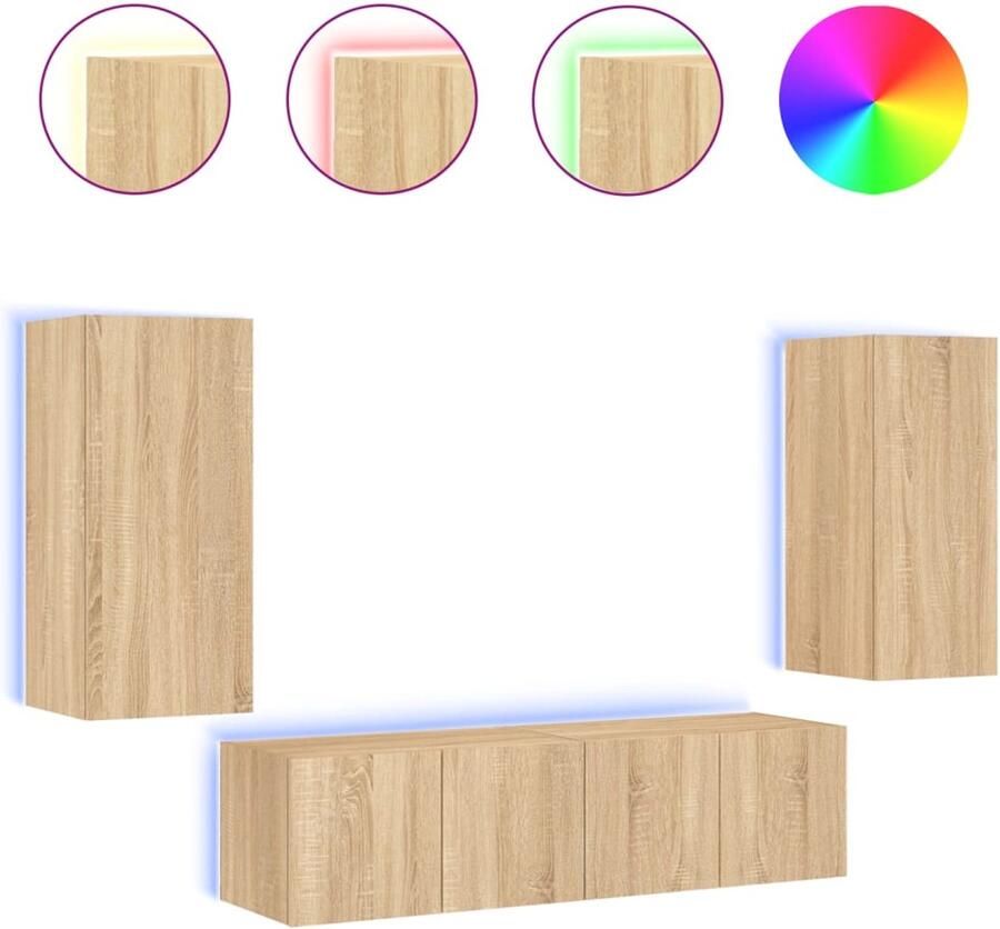 The Living Store 4-delige Tv-wandmeubelset met LED bewerkt hout sonoma eiken Tv-kast Tv Meubel Wandmontage Led Verlichting Bewerkt Hout - Foto 2