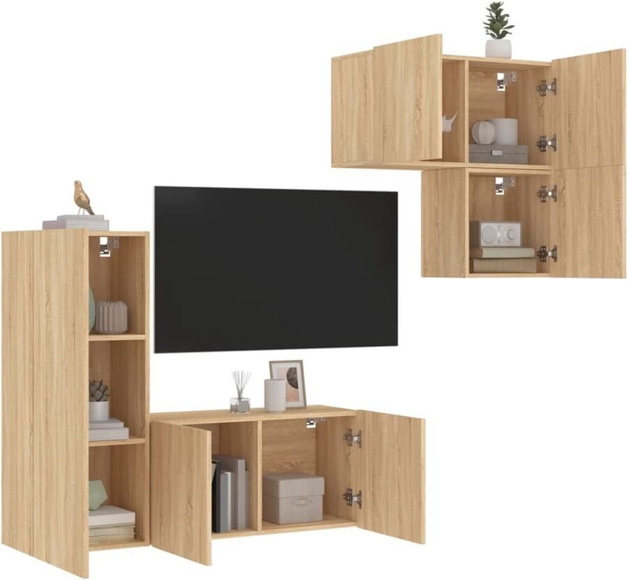 VidaXL Tv-wandmeubelset 4-delig Sonoma eiken Tv Meubel Wandmeubel Opbergkast Salon Meubilair Houten Kast