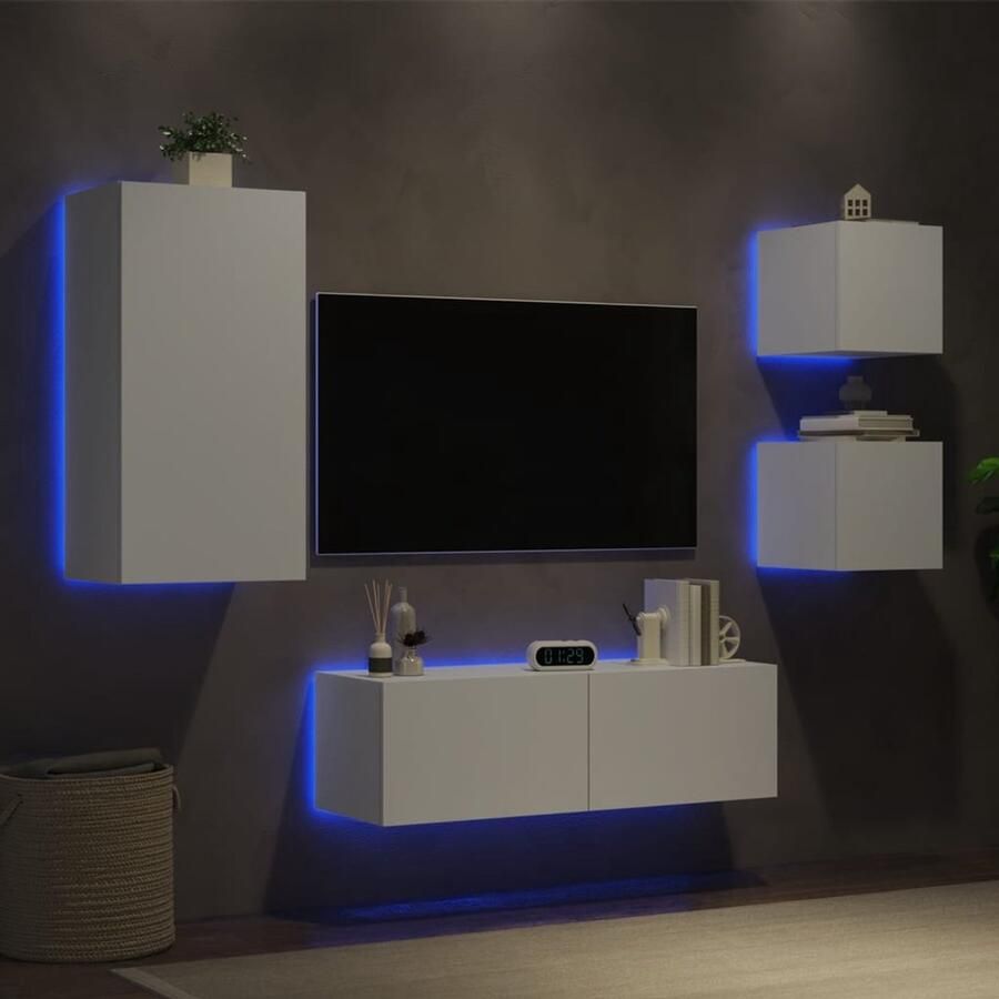 The Living Store 4-delige tv-wandmeubelset met LED-verlichting wit Tv-wandmeubel Tv-wandmeubels Zwevend Tv-meubel Tv-wandmeubel