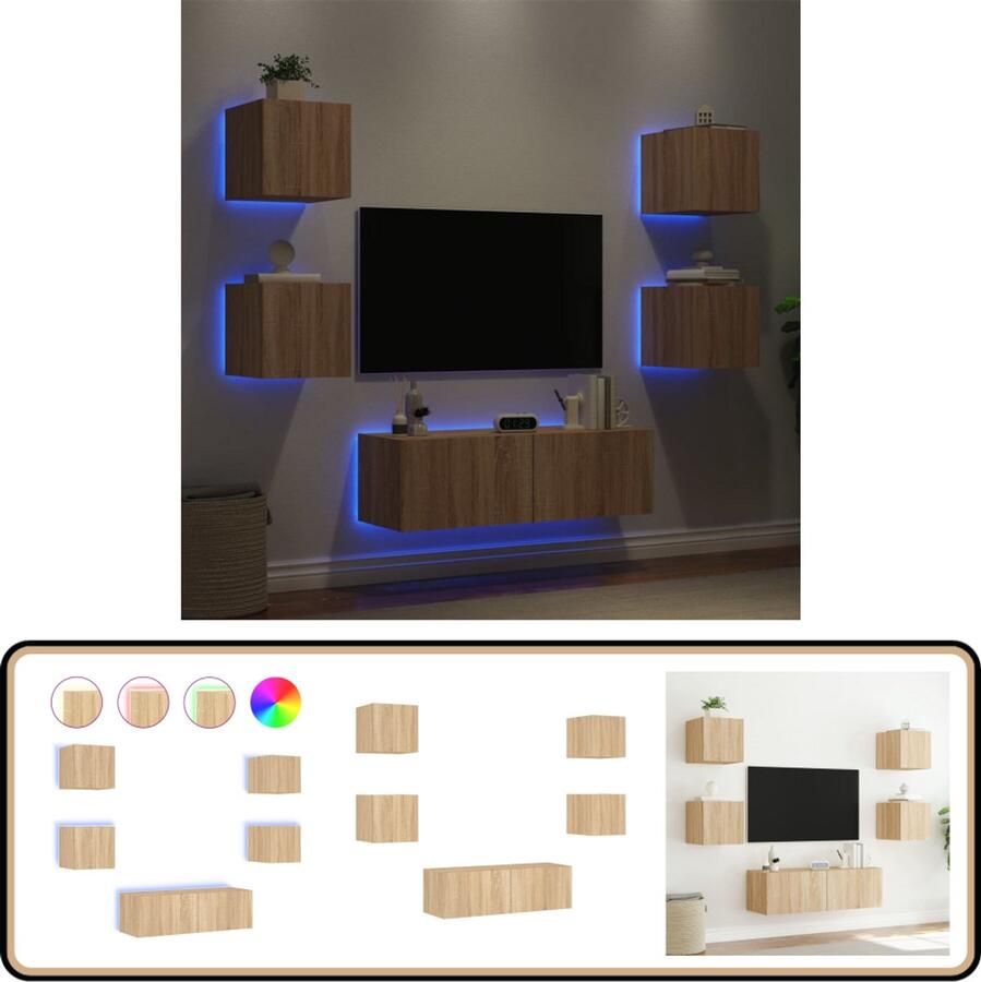 VidaXL Tv-wandmeubelset 5-delig Sonoma eiken LED Tv-kast Tv-meubel Wandmontage Led Verlichting Sonoma Eiken