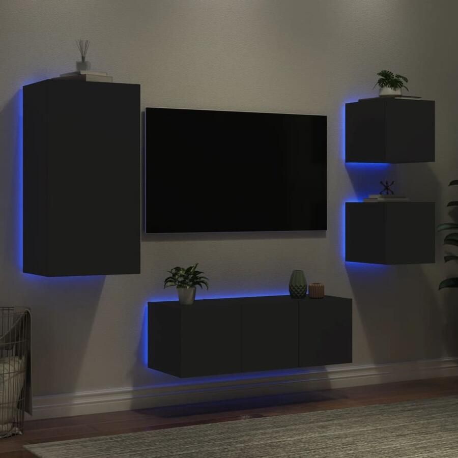 VidaXL Tv-wandmeubelset 5-delig Zwart LED Tv Meubel Zwart Zwevend Tv Meubel Houten Tv Kast Led Licht Tv Meubel Tv Wandopstelling