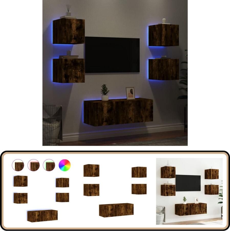 VidaXL TV-wandmeubelset 6-delig Gerookt Eiken LED Tv-kast Tv-meubel Wandmontage Houten Kast Led Verlichting