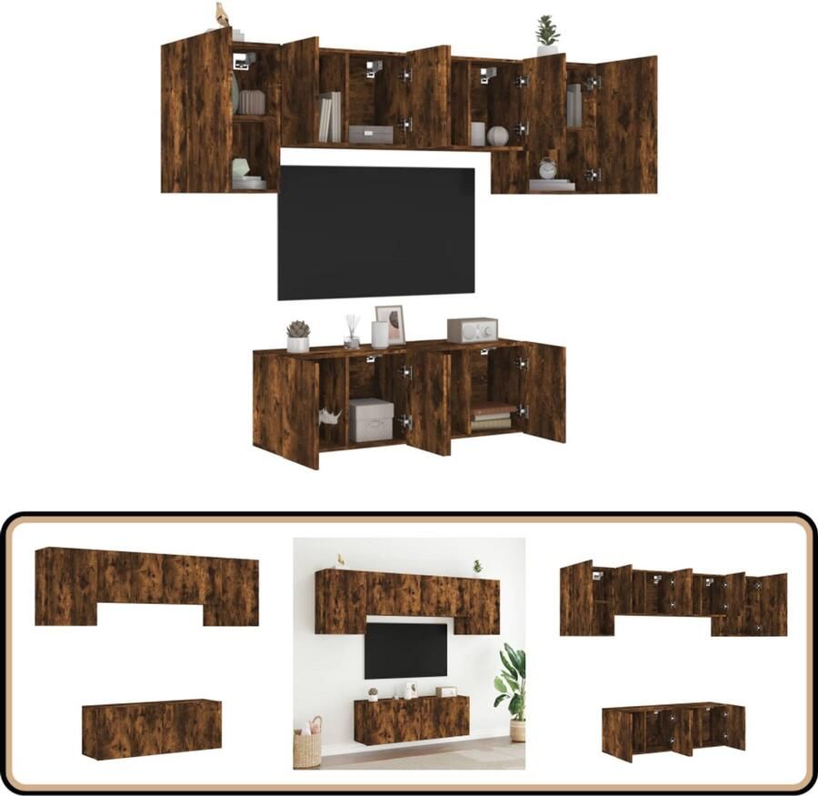 VidaXL Tv-wandmeubelset 6-delig Gerookt eiken Tv-kast Tv-meubel Wandmeubel Opbergkast Houten Kast