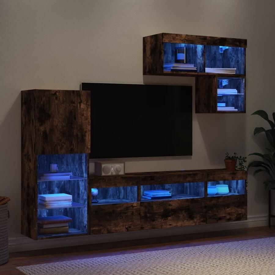 VidaXL Tv-wandmeubelset 6-delig Gerookt eiken Tv Wandmeubel Tv Meubel Set Houten Tv Kast Tv Meubilair Gerookte Eiken