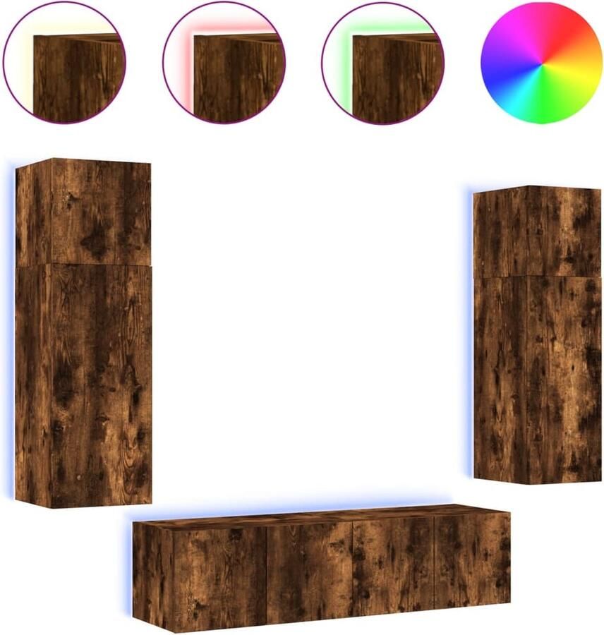 VidaXL Tv-wandmeubelset 6-delig LED Gerookt eiken Tv Meubel Kast Met Led Verlichting Houten Kast Wandmontage Opbergkast