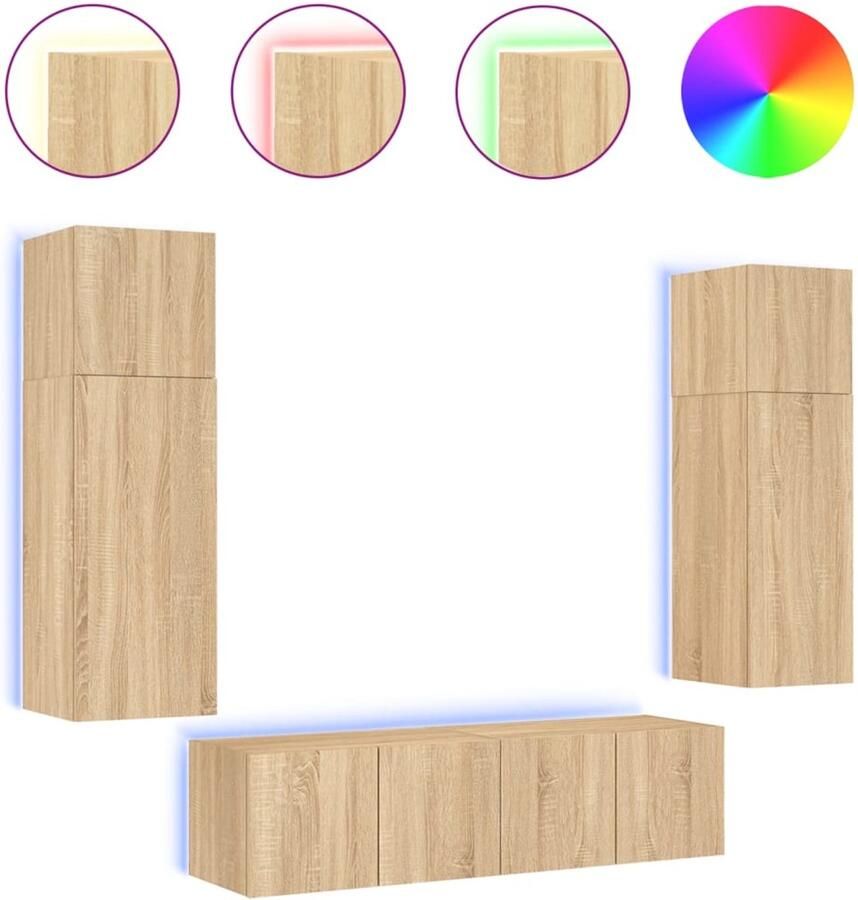 The Living Store 6-delige Tv-wandmeubelset met LED bewerkt hout sonoma eiken Tv Meubel Tv Kast Wandmontage Led Verlichting Rgb Verlichting - Foto 2