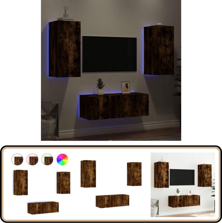 VidaXL TV-wandmeubelset 8-delig Gerookt eiken Tv Meubel Kast Met Led Verlichting Houten Kast Wandmontage Bruine Kast