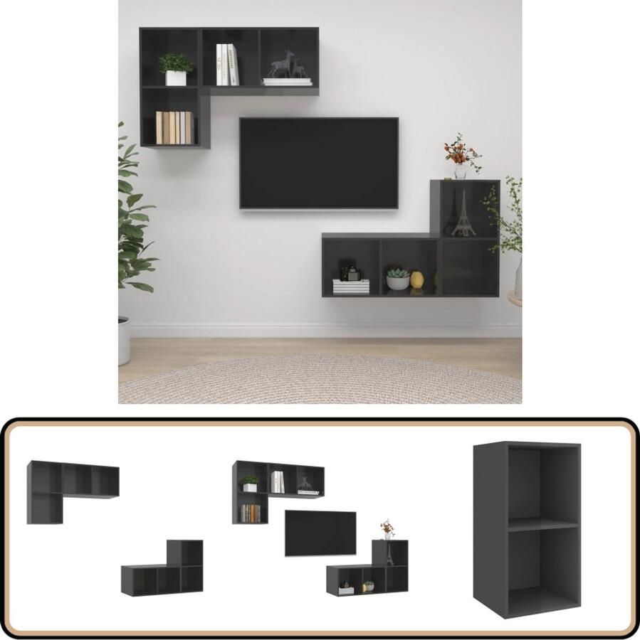 VidaXL Tv-wandmeubelset Hoogglans Grijs 4 stuks Tv Wandmeubel Houten Tv Stand Grijze Tv Kast Salon Meubilair Media Kast