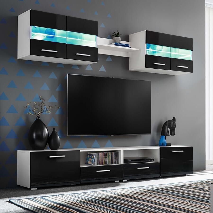 VidaXL Tv-wandmeubelset Hoogglans zwart 5-delig Tv Meubel Wandmeubel Livingroom Meubels Interieur Design Black Furniture Modern Furniture Media Storage Led Verlichting - Foto 2