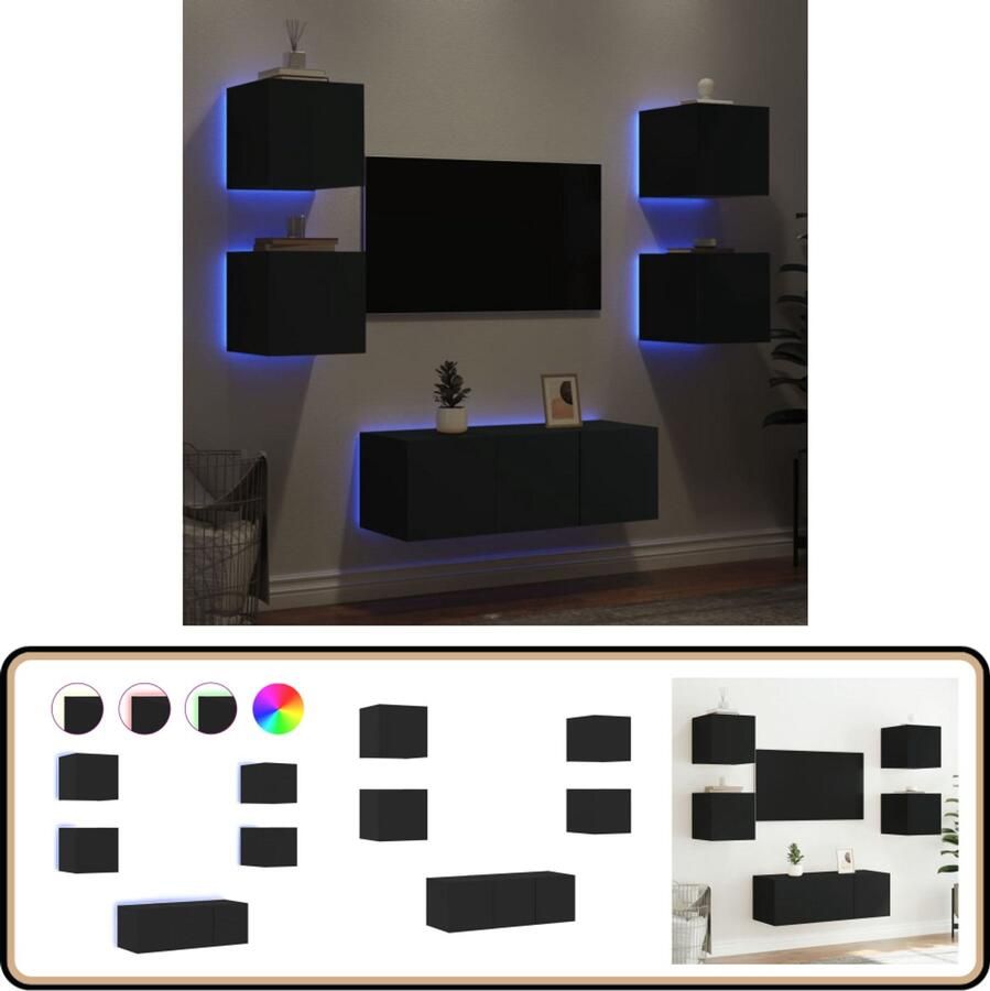 VidaXL TV-wandmeubelset Zwart 6-delig LED Tv-wandmeubel Tv-wandmeubels Tv-meubel Televisiemeubel