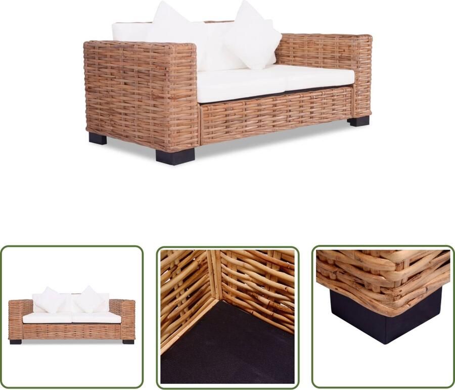 The Living Store rattanbank tweezits natuurlijk rattan mangohout crèmewit 157 x 80 x 67 cm Rattan Bank Twee Persoons Bank Lounge Bank Buitenbank Tuinbank - Foto 2