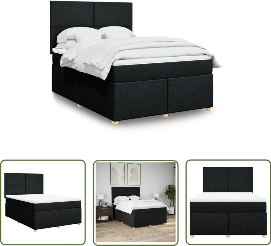 The Living Store Boxspring met matras stof zwart 140x200 cm Boxspring Bed Tweepersoons Bed Boxspring 140x200 Pocketveringmatras Adjustable Headboard