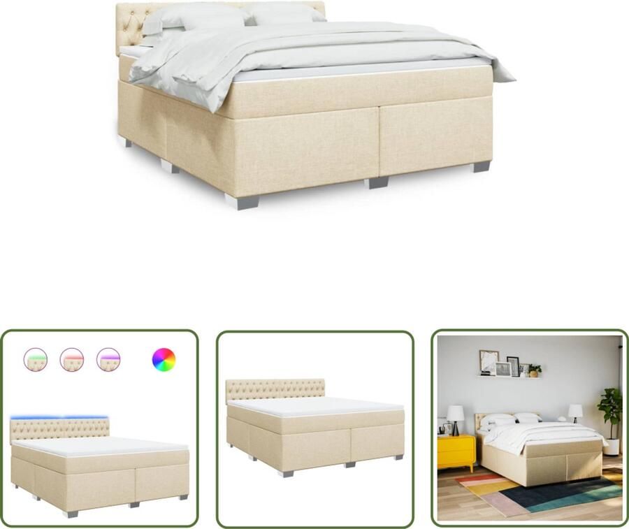 The Living Store Boxspring met matras stof crèmekleurig 180x200 cm Boxspring Tweepersoons Bed Slaapcomfort Led Verlichting Pockethvering