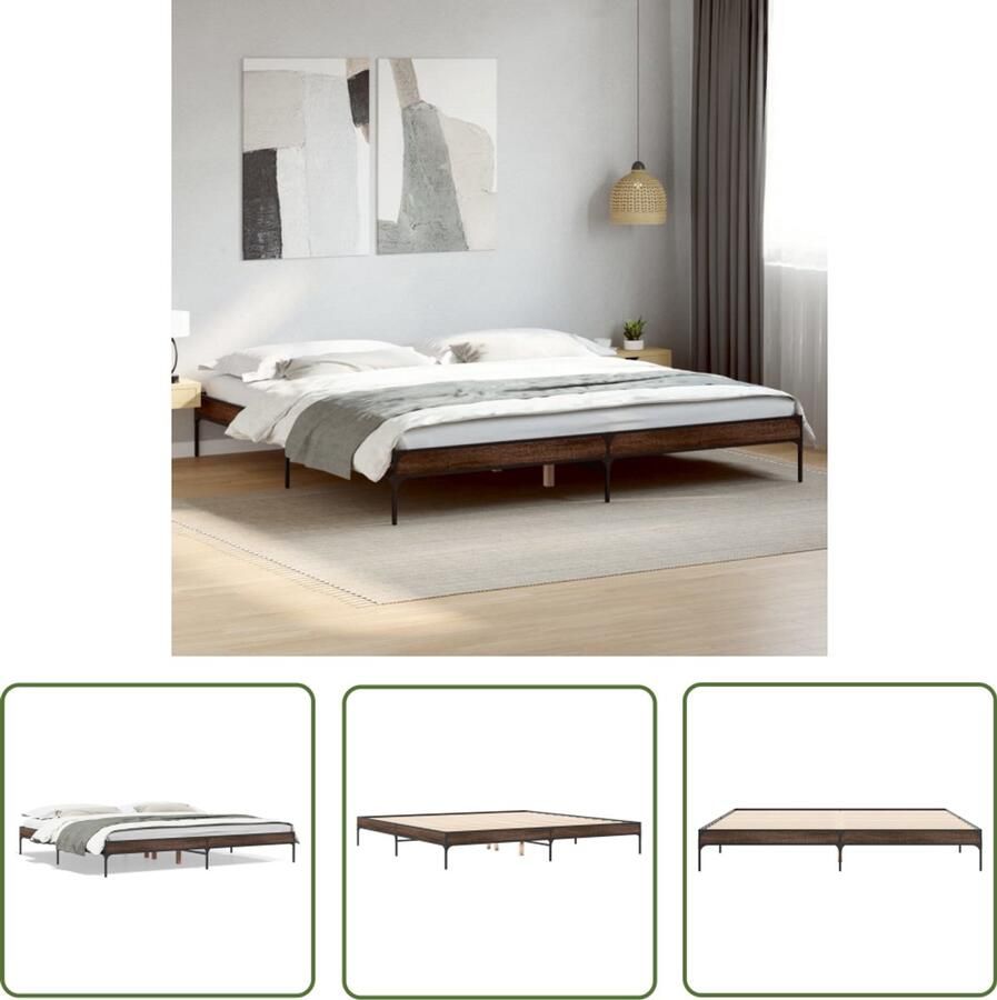 VidaXL Tweepersoons Bed Bruin Houten Bed Frame Bedframe bewerkt hout metaal bruin eikenkleur 200x200 cm Boxspring Bed Frame 200x200 Design Bed