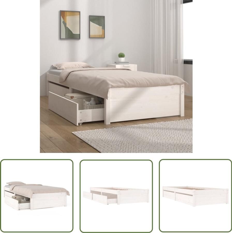 The Living Store Bed Wit Houten Bedframe 205.5x105.5x31 cm Meubilair Massief Grenenhout Met Lattenbodem en Opbergfunctie Houten Bed Frame Tweepersoons Bed Wit Bed Massief Hout Bed Met Lades