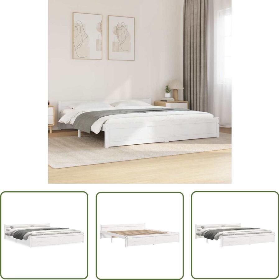 The Living Store Bedframe Grenenhout Wit 205.5 x 205.5 x 51 cm Geschikt voor 200 x 200 cm matras Montage vereist Houten Bedframe Tweepersoons Bed Modern Bed Witte Bed Grenenhout Bed - Foto 2