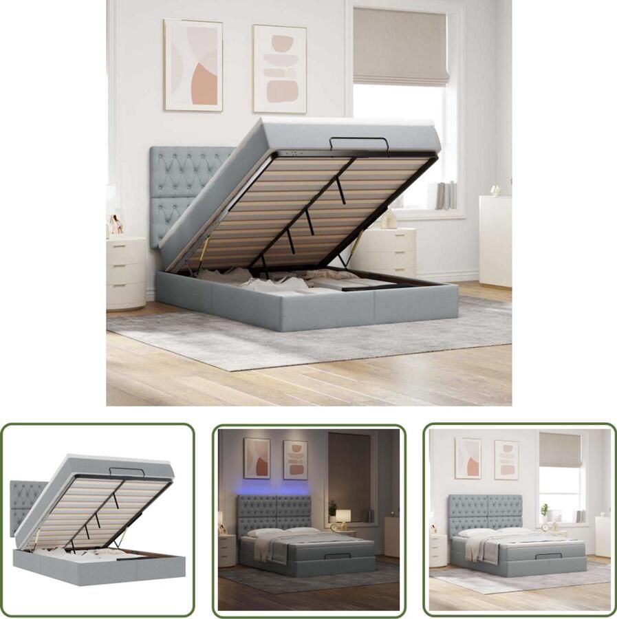 The Living Store Ottoman bed met matras en LED's 140x200cm stof lichtgrijs Ottoman Bed Tweepersoons Bed Boxspring Bed Led Lampjes Slaapcomfort