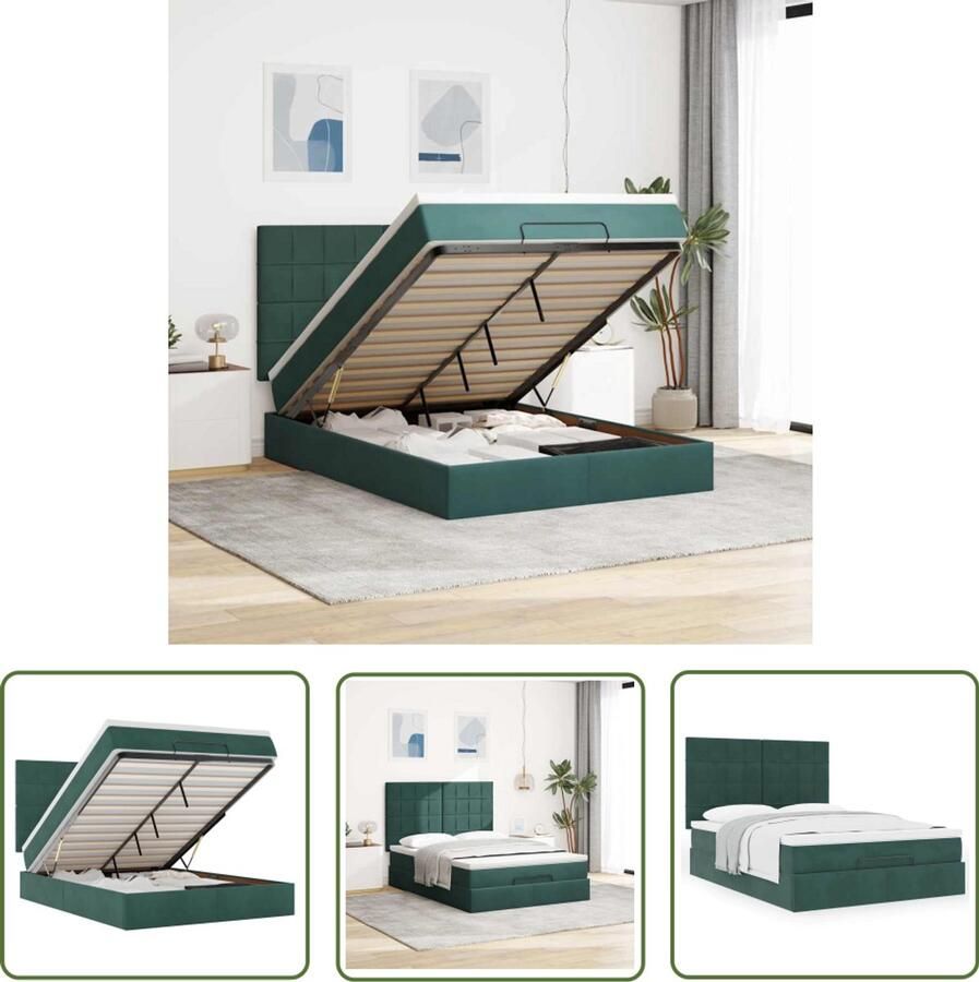 The Living Store Ottoman bed met matrassen 140x200cm fluweel donkergroen Ottoman Bed Tweepersoons Bed Boxspring Bed Donkere Kleuren Meubels Velvet Bed