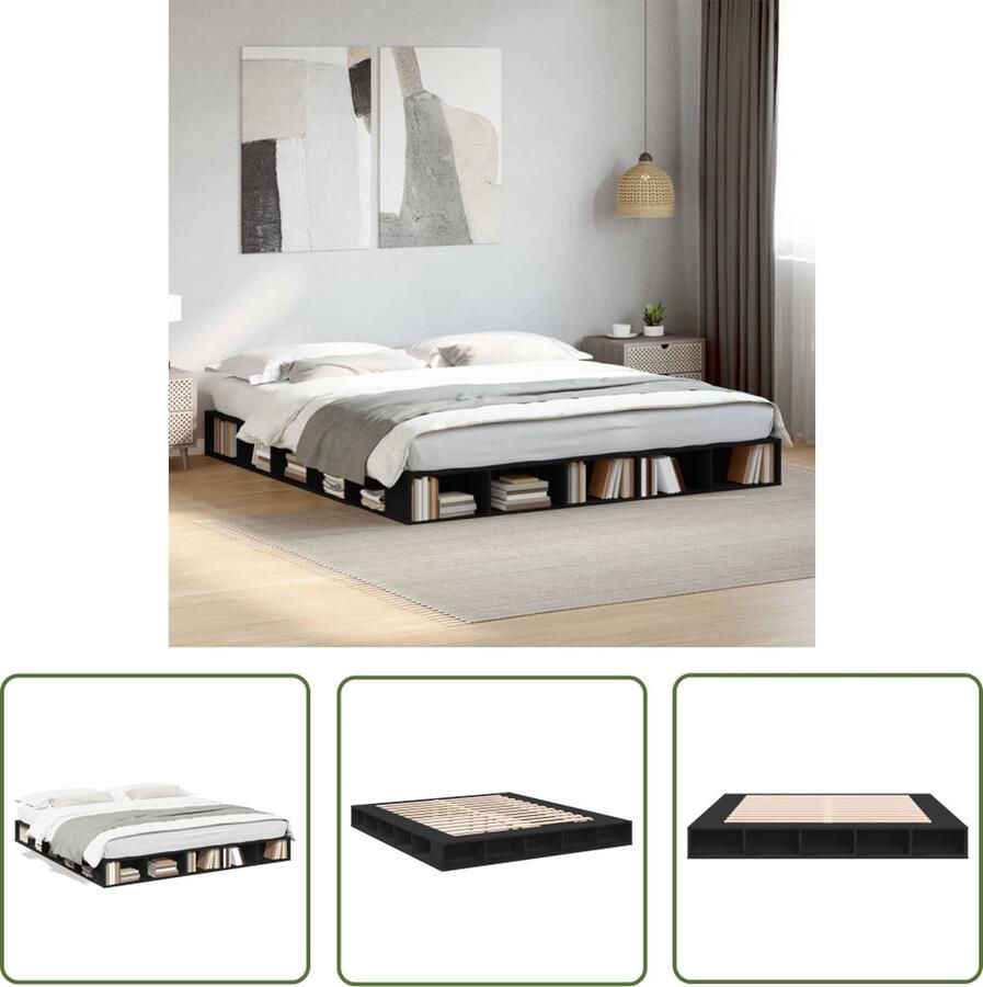 The Living Store Bedframe met Lattenbodem 200 x 200 cm Bewerkt hout Zwart Slaapcomfort Tweepersoons Bed Houten Bed Frame Zwarte Bedbank Lattenbodem