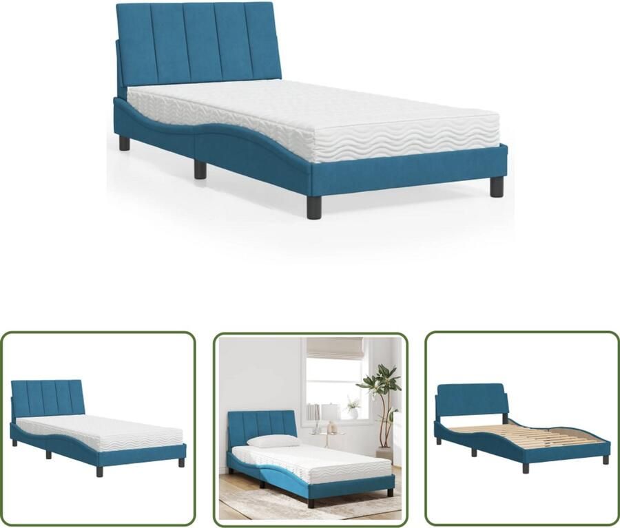 The Living Store Bed met matras fluweel blauw 100x200 cm Slaapkamer Meubels Tweepersoons Bed Boxspring Bed Velvet Bed Luxe Bed