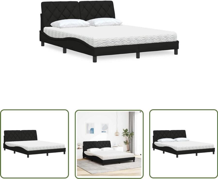 VidaXL Tweepersoonsbed Bed Frame Bed met matras stof zwart 160x200 cm Slaapcomfort Matras Hoofdkussens