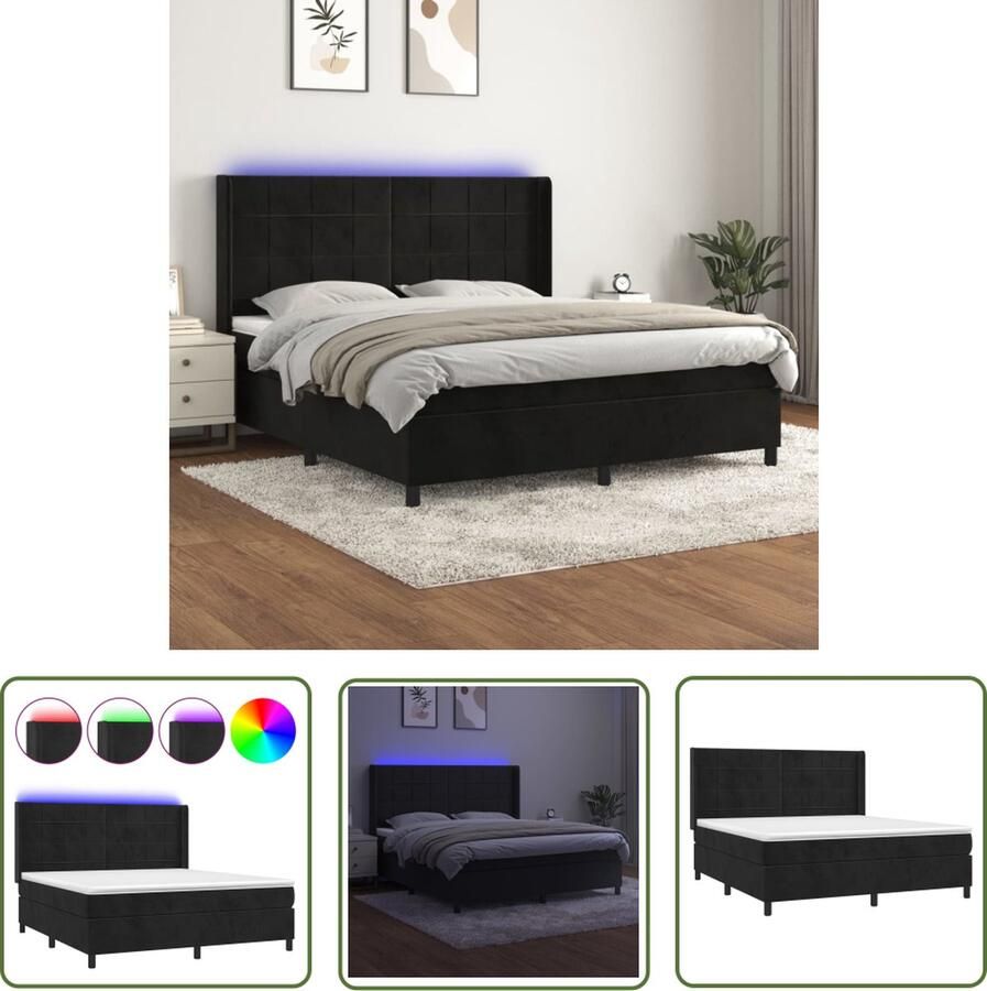 The Living Store Boxspring met matras en LED fluweel zwart 160x200 cm Boxspring Tweepersoonsbed Velvet Bed Zwarte Bed Led Bed Frame