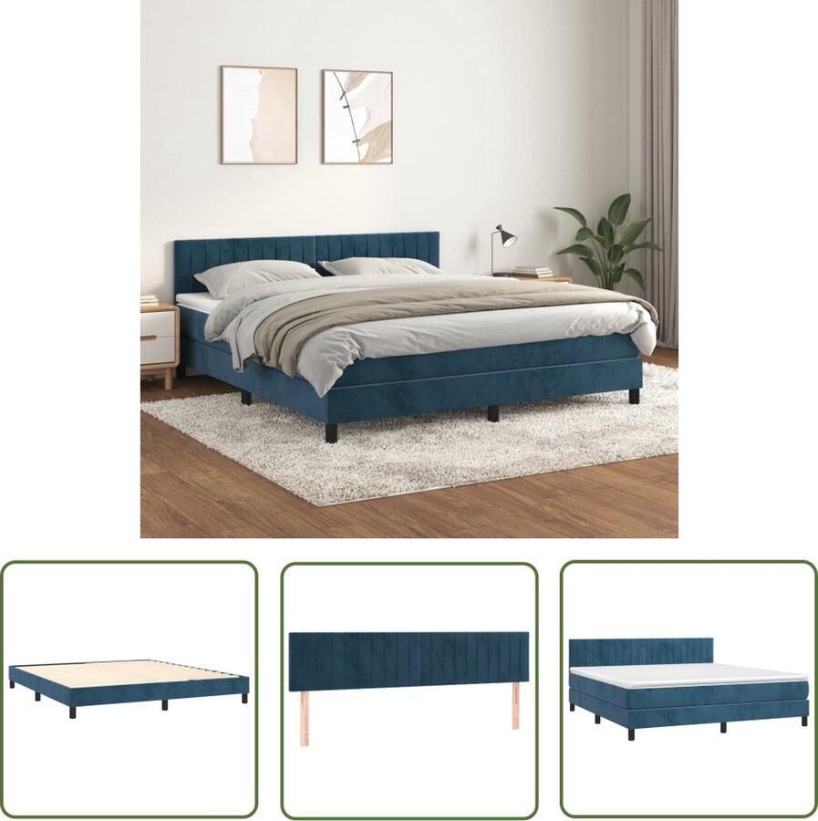 The Living Store Boxspring met matras fluweel donkerblauw 160x200 cm Boxspringbed Tweepersoonsbed Velvet Bed Blauw Bed Boxspring Frame