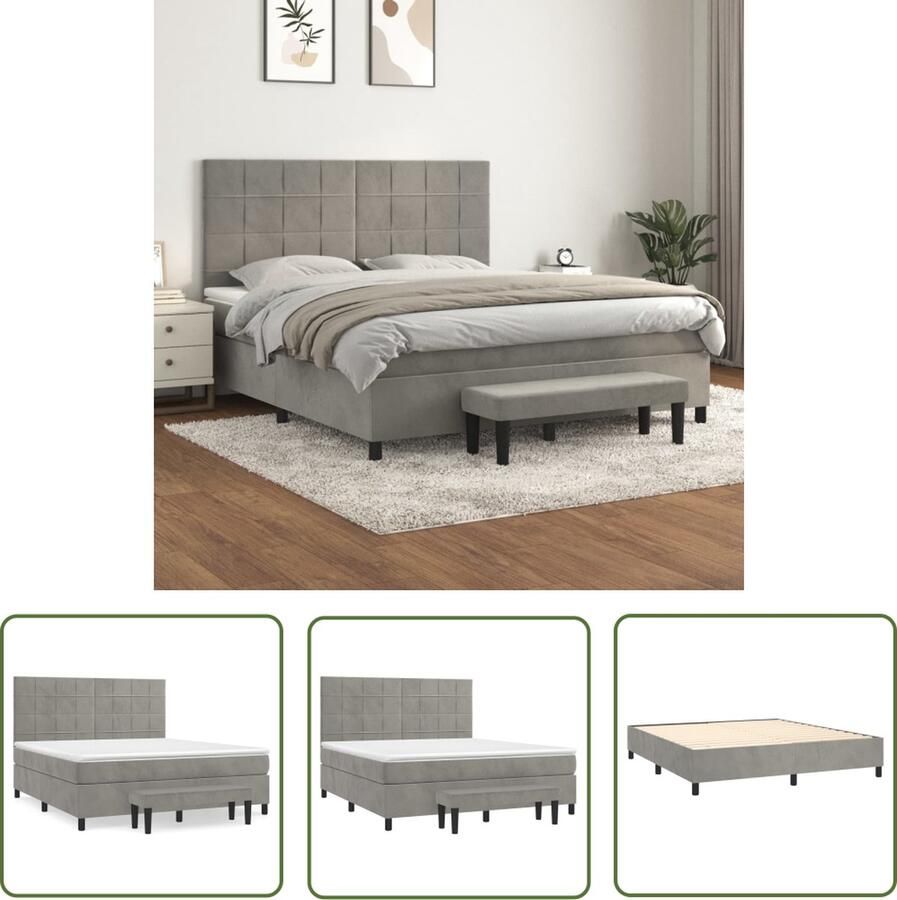 The Living Store Boxspringbed Bed 203x160x118 128 cm Lichtgrijs fluweel Hoofdbord verstelbaar Pocketvering matras Middelharde ondersteuning Huidvriendelijk topmatras Multifunctioneel bankje