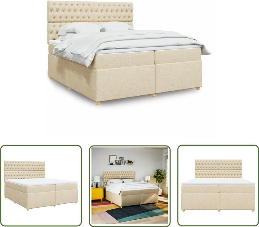 VidaXL Tweepersoonsbed Boxspringbed Boxspring met matras stof crèmekleurig 200x200 cm Pocketingmatras Creme Kleurtoneel Boxspring
