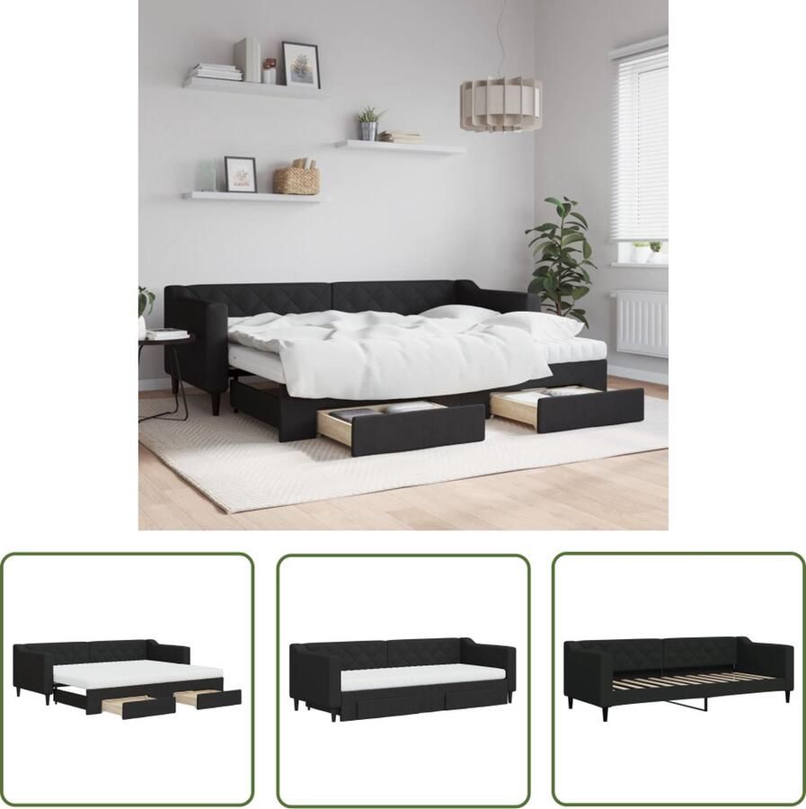 The Living Store Slaapbank met onderschuifbed en lades 80x200 cm stof zwart Slaapbank Tweepersoonsbed Sofa Bed Boxspring Lounge
