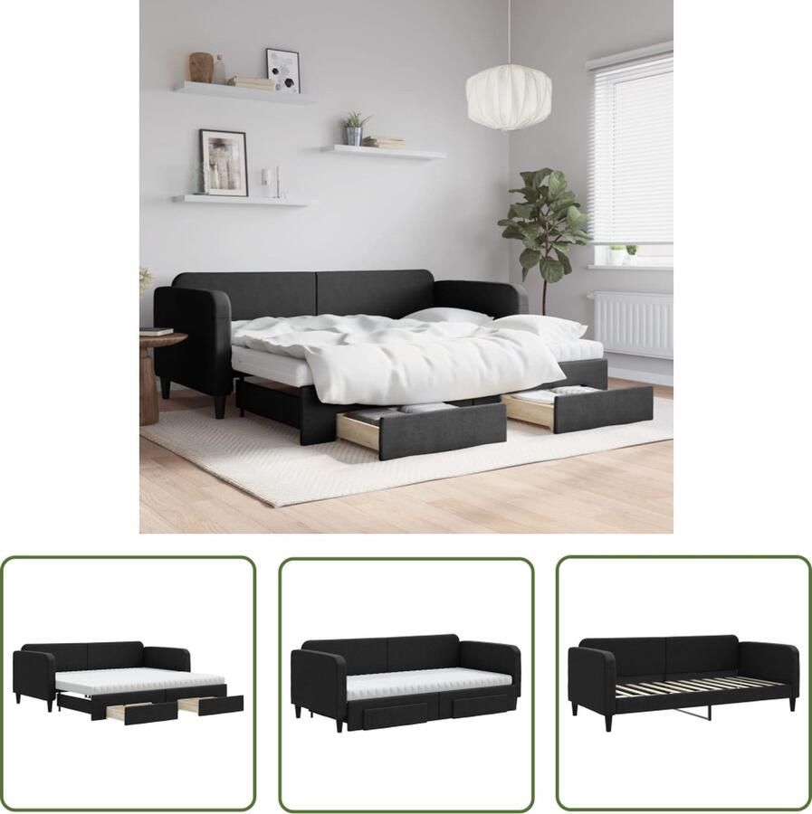 The Living Store Slaapbank met onderschuifbed en lades 90x200 cm stof zwart Slaapbank Tweepersoonsbed Sofa Bed Boxspring Stapelbare Bedden