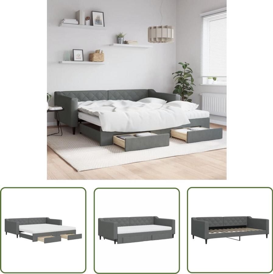 The Living Store Slaapbank onderschuifbed en lades 100x200 cm stof donkergrijs Slaapbank Tweepersoonsbed Donkere Meubels Onder Schuifbed Opbergruimte