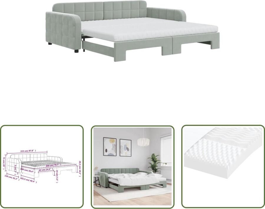 The Living Store Slaapbank Velvet Lichtgrijs 223x110x71cm 2-in-1 met Onderschuifbed Inclusief 2 Schuimmatrassen Slaapbank Tweepersoonsbed Velvet Sofa Fluweelsofa Grijs Meubilair
