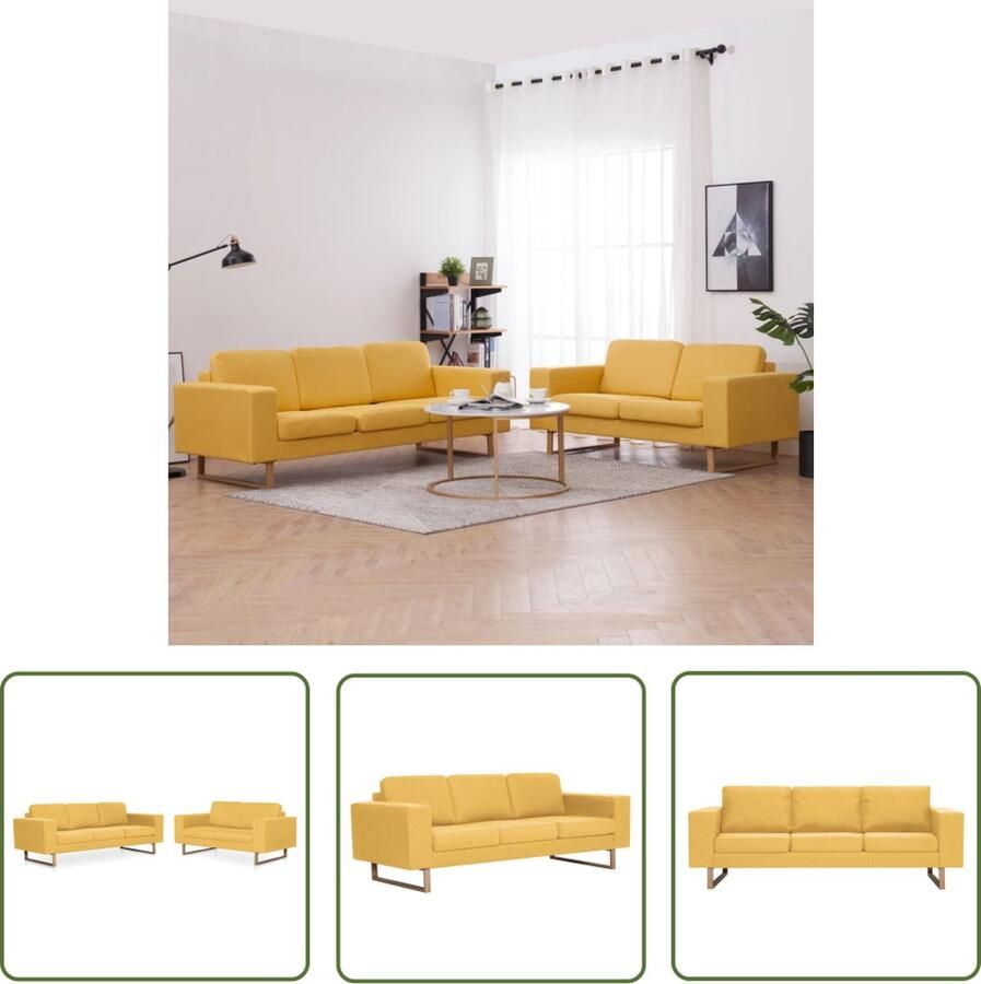 The Living Store 2-delig Bankstel stof geel Bankstel Tweezitsbank Driezitsbank Leder Look Grijs