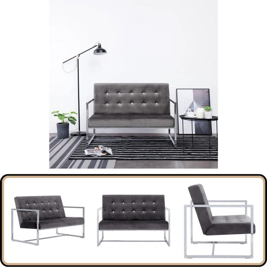 VidaXL Tweezitsbank Chroom en Fluweel Donkergrijs Tweezitsbank Donkere Grijze Bank Velvet Bank Banksofa Lounge Meubels Interieur Decoratie Living Room Furniture Comfortabele Stoffen Bank Stijlvolle Bank Luxe Bank Zweefbank