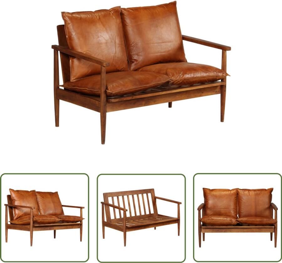 VidaXL Tweezitsbank Echt Leer Acaciahout Bruin Tweezitsbank Lederen Bank Vintage Bank Acaciahout Bruine Bank Lounge Meubels