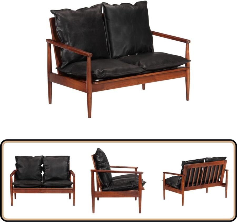 VidaXL Tweezitsbank Echt leer Massief acaciahout Tweezitsbank Lederen Bank Retro Meubels Acaciahout Zwarte Bank