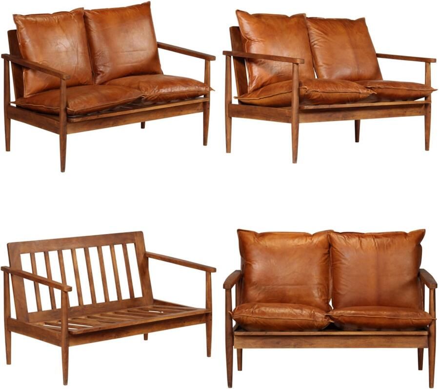 VidaXL Tweezitsbank echt leer met acaciahout bruin Bank Banken Tweezitsbank Tweezitsbanken