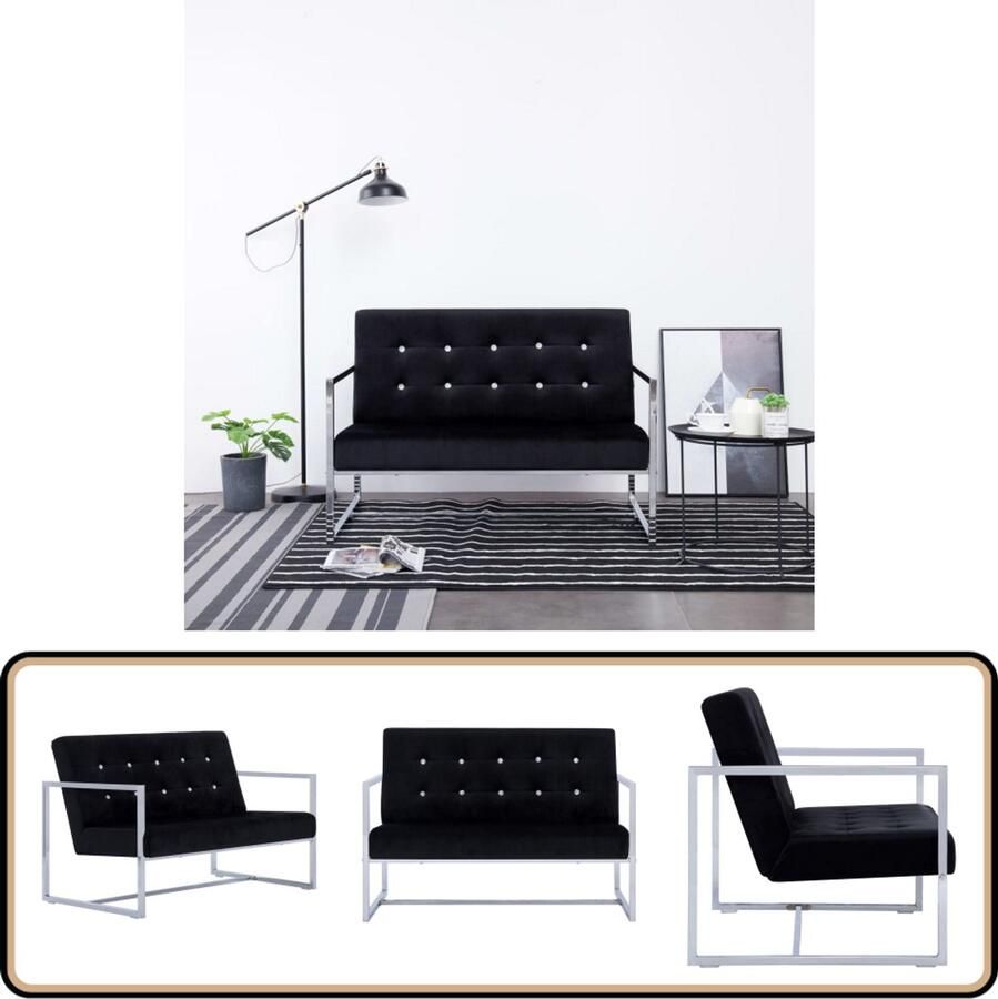 VidaXL Tweezitsbank Fluweel Zwart Chroom Stijlvol Tweezitsbank Zwarte Bank Velvet Bank Design Bank Lounge Bank
